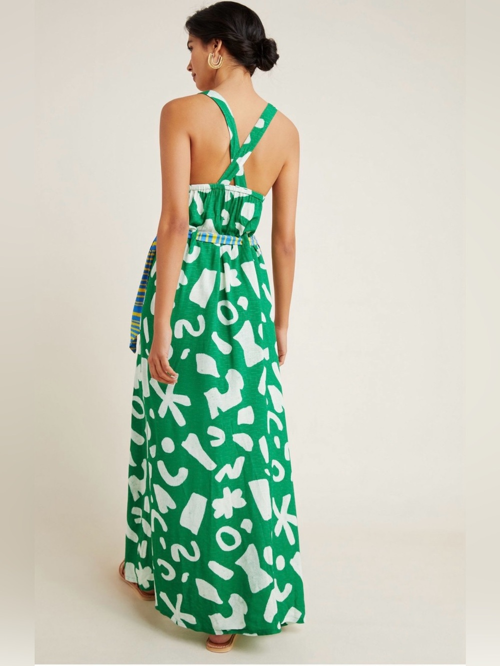 Like New! Anthro Green and White Abstract Maxi Dress with Side Slit - Picture 2 of 6